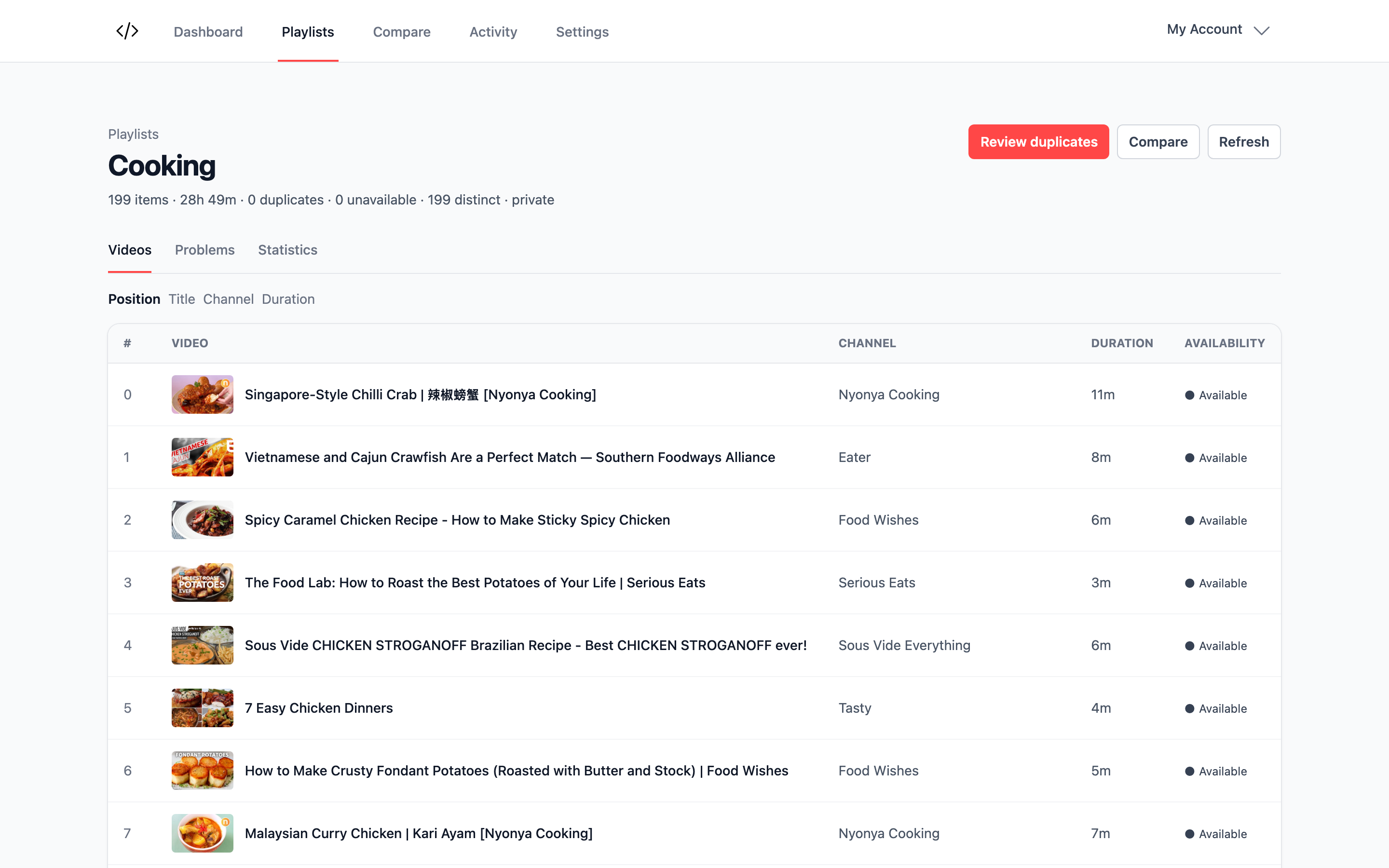A TidyStreams playlist with video thumbnails and titles